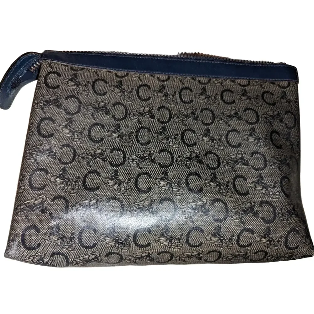 Vintage Celine Diffusion TRIOMPHE Leather Clutch Pouch Blue Vintage EUC with COA